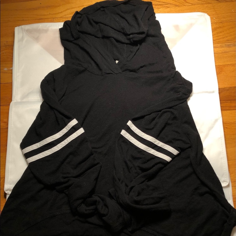 Black, hooded long sleeve thin shirt.
